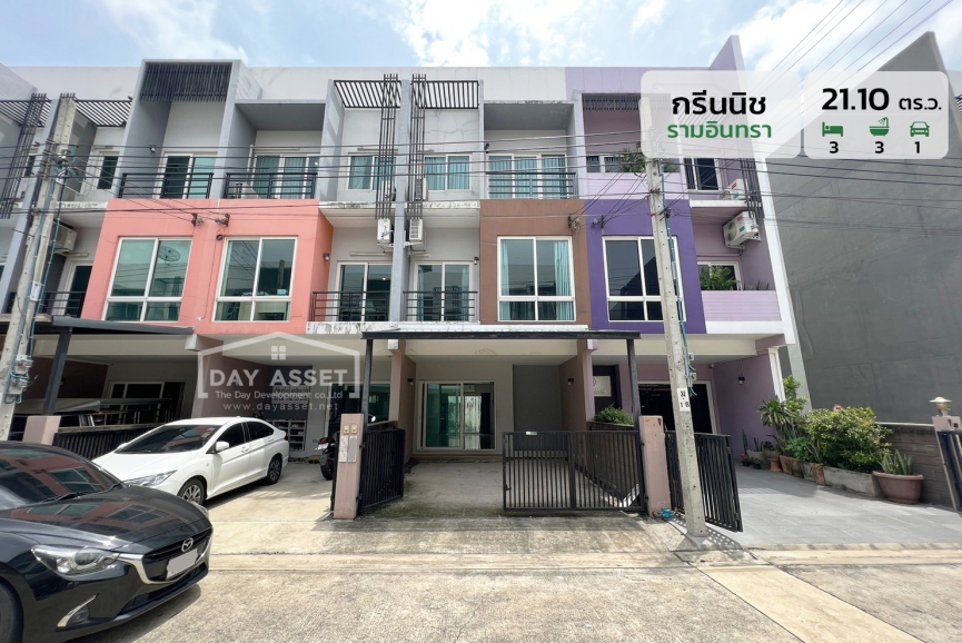 ขายทาวน์โฮม 3 ชั้น  กรีนิช รามอินทรา สไตล์โมเดิร์น -ลอฟท์ ติดถนนใหญ่ ติดรถไฟฟ้าสายสีชมพู พื้นที่ 21.10 ตร.ว. ขายเพียง 4,390,000 ล้านบาท