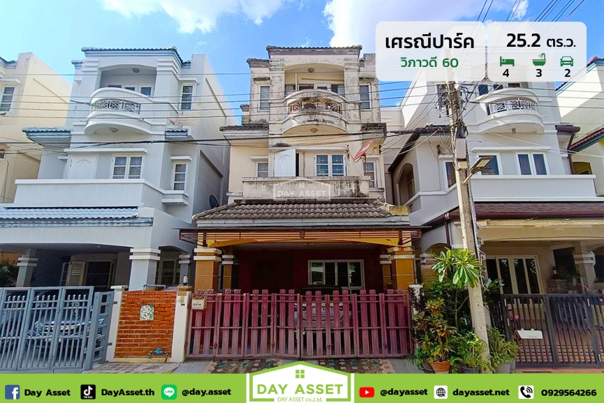 ขายทาวน์โฮม 3 ชั้น หมู่บ้าน เศรณีปาร์ค วิภาวดี 60 (Seranee Park 60) ถนนวิภาวดีรังสิต แถม แอร์/ผ้าม่าน/แทงค์น้ำ ใกล้สถานีรถไฟฟ้าสายสีเขียว สถานีกรมป่าไม้ เนื้อที่ 25.2 ตร.ว. ขายเพียง 4,490,000 ล้านบาท